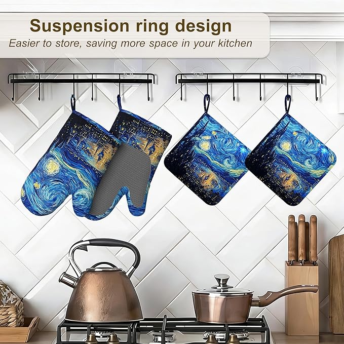 Starry Night Oven Mitts and Pot Holders Set of 4, Heat Resistant Non Slip - Image 5