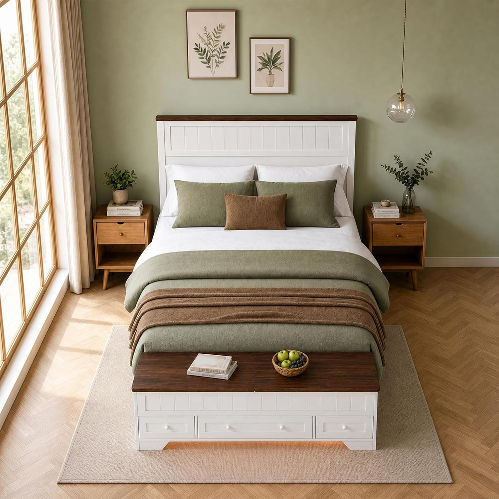 Farmhouse Queen Bed Frame with Headboard and Storage Bench (White)