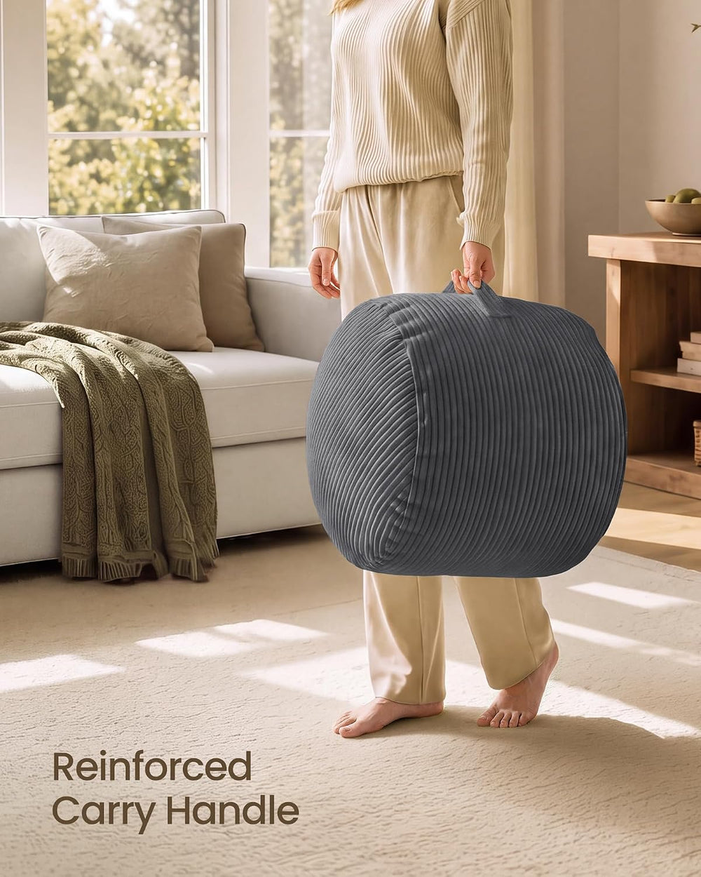SONGMICS Stuffed Pouf Ottoman, 20" Round Foot Rest with Side Handle