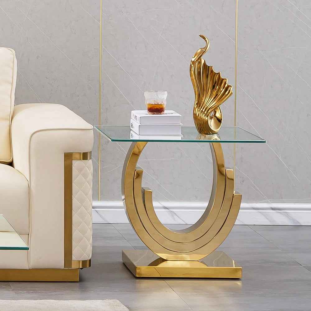 Modern Glass End Table, 22.8" Sofa Side Table with Gold Stainless Steel ...