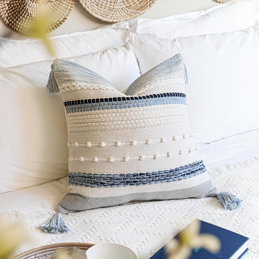 BlissBlush Coastal Blue Boho Decorative Throw Pillow Cover 20x20 Modern Bohem...