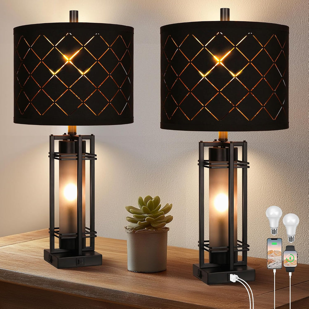27'' Modern Table Lamp Set of 2 with Nightlight, Metal Bedside Lamps