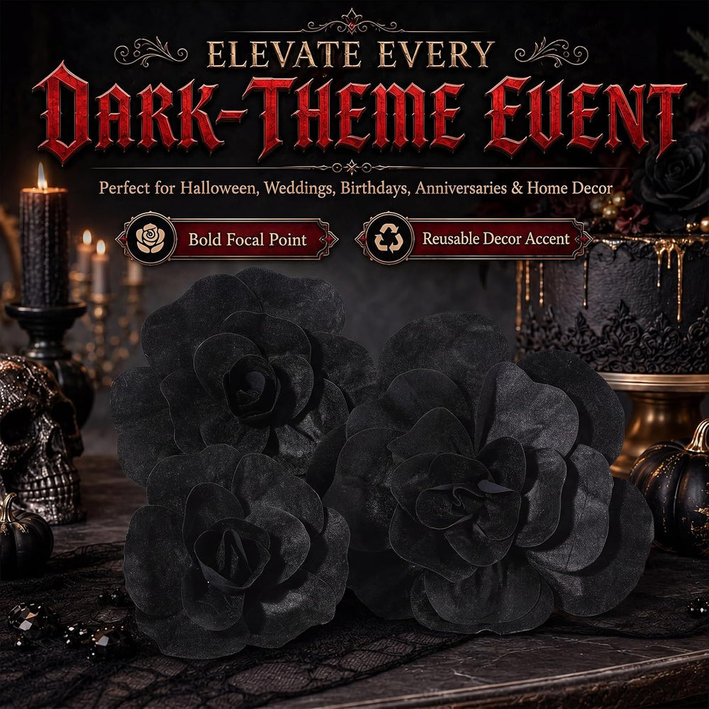 Norme 3 Pcs Giant Black Artificial Flowers Roses Velvet, 12, 16, 20 Inch