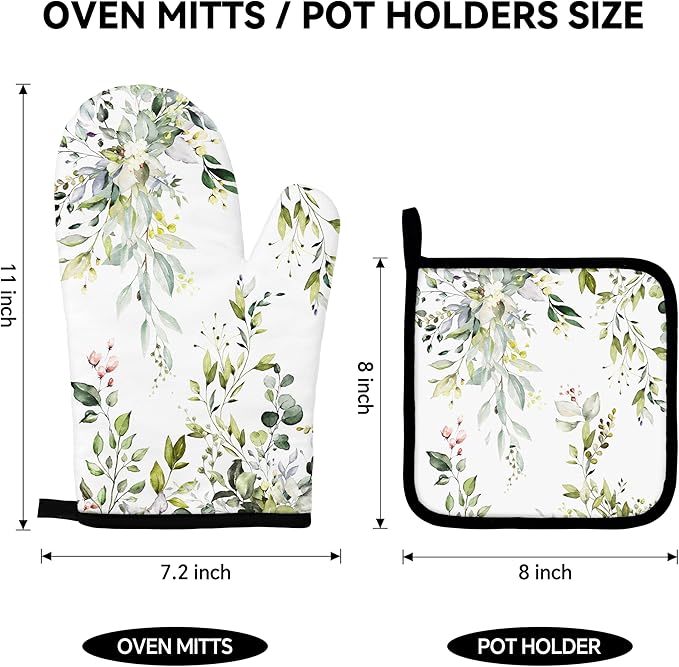 Eucalyptus Leaves Oven Mitts and Pot Holders Sets Sage Green Botanical Floral - Image 2