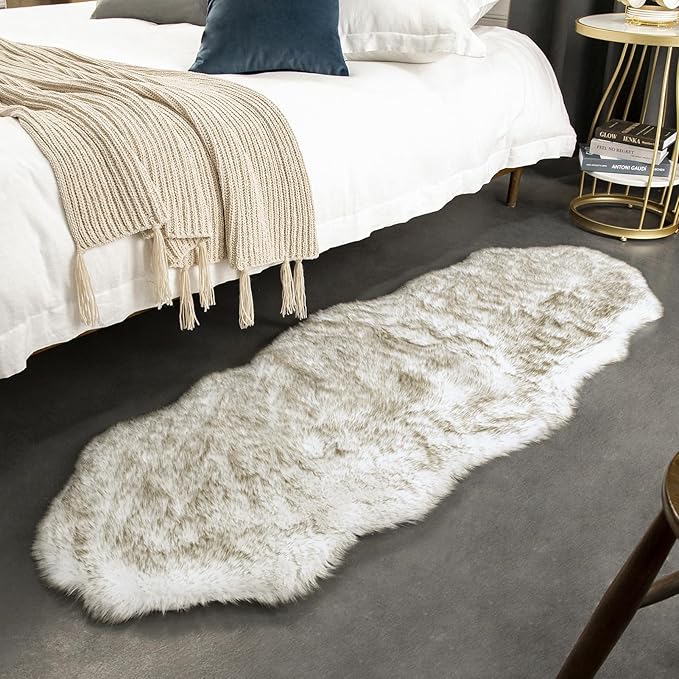 Ashler Home Deco Ultra Soft Faux Fox Fur Rug White Brown Fluffy Area Rug - Image 4
