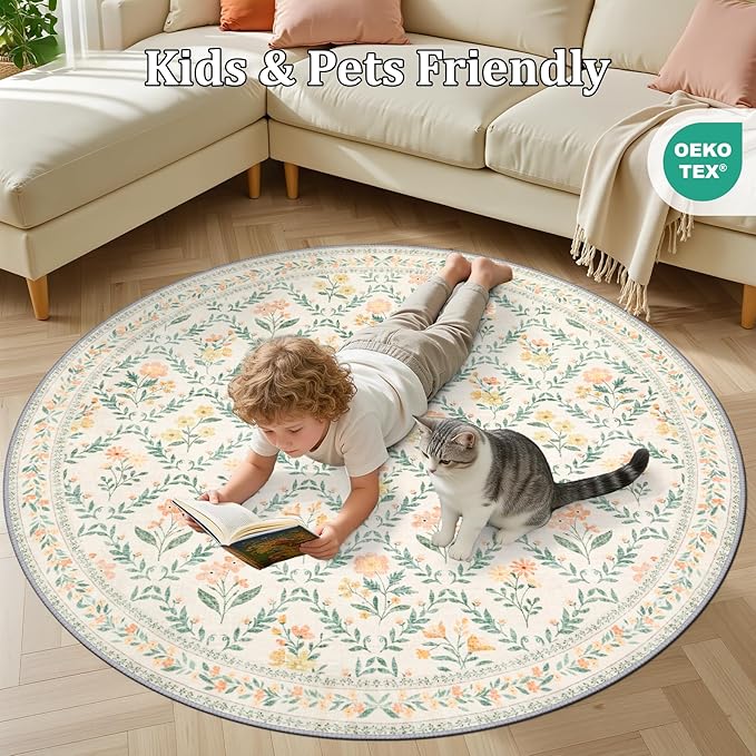 Round Area Rug for Living Room: 4 ft Floral Washable Circle Rug Soft Non-Slip - Image 8