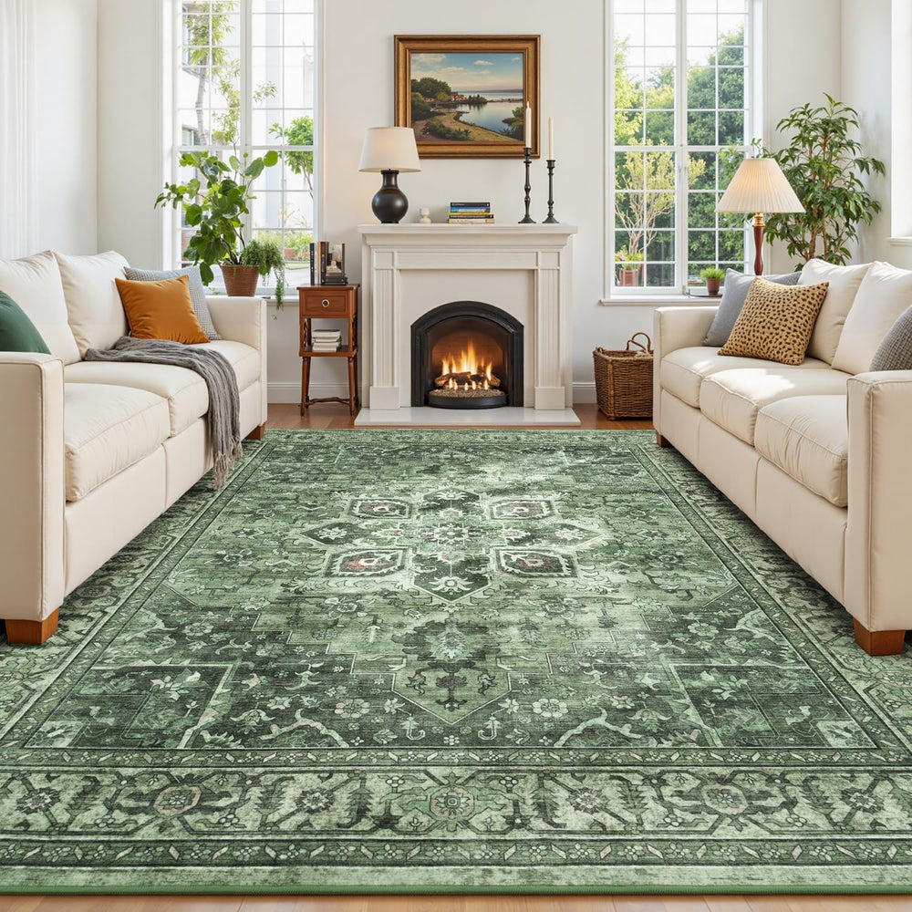Sage Green 9x12 Area Rug for Living Room, Vintage Boho Large Carpet