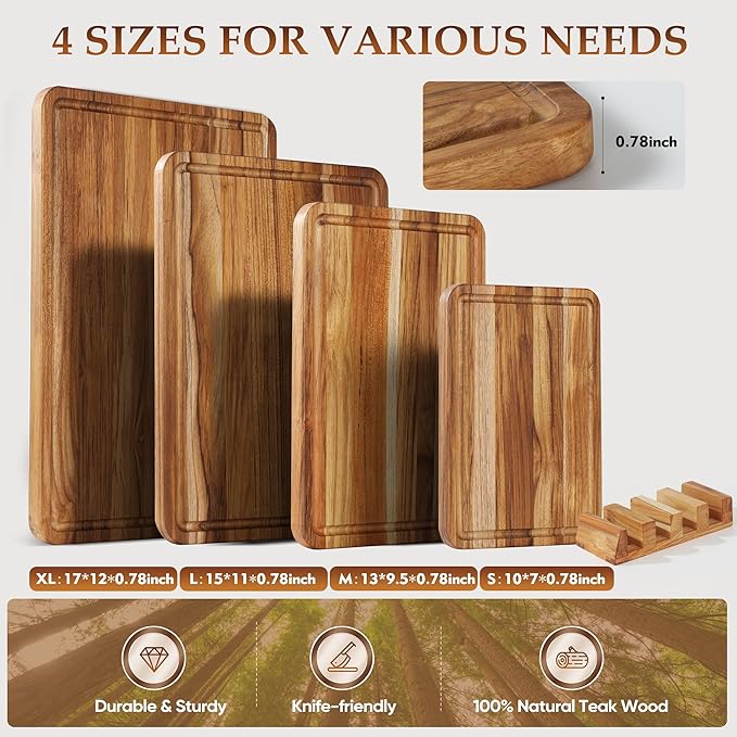 4 Pack Teak Cutting Board Set for Kitchen Wood Cutting Board Heavy Duty Non - Image 2