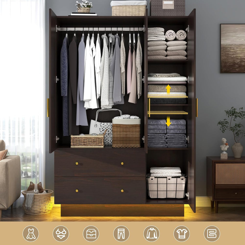 chartustriable 3 Doors Armoire Wardrobe Closet with Mirror, LED Armoire with ...