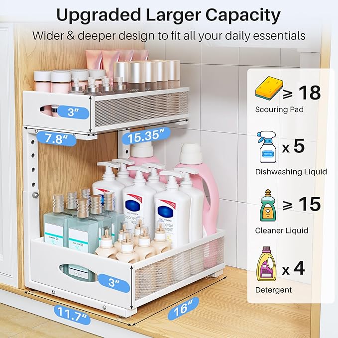 Under Sink Organizer, 2 Tier Pull Out Under Cabinet Organizer Shelf - Image 4