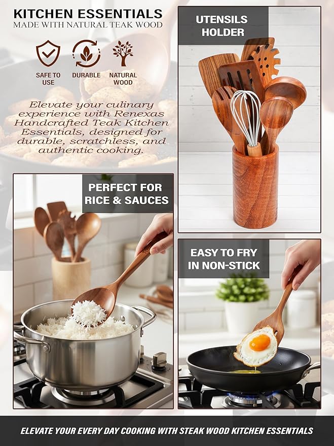 12-Piece Teak Wooden Kitchen Utensil Set – Nonstick Safe Cooking Spoons & - Image 6