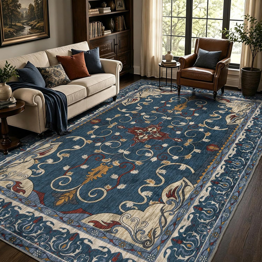 8x10 Area Rug for Large Living Room,Blue Retro Non-Slip Low Pile Rug Carpet