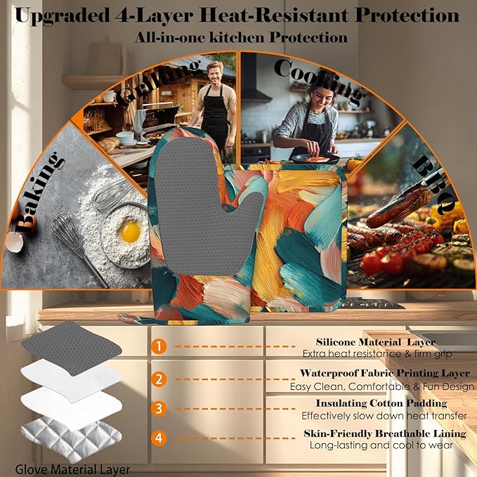 Abstract Oil Painting Heat-Resistant Oven Mitts and Pot Holder Kitchen Non-Slip - Image 4