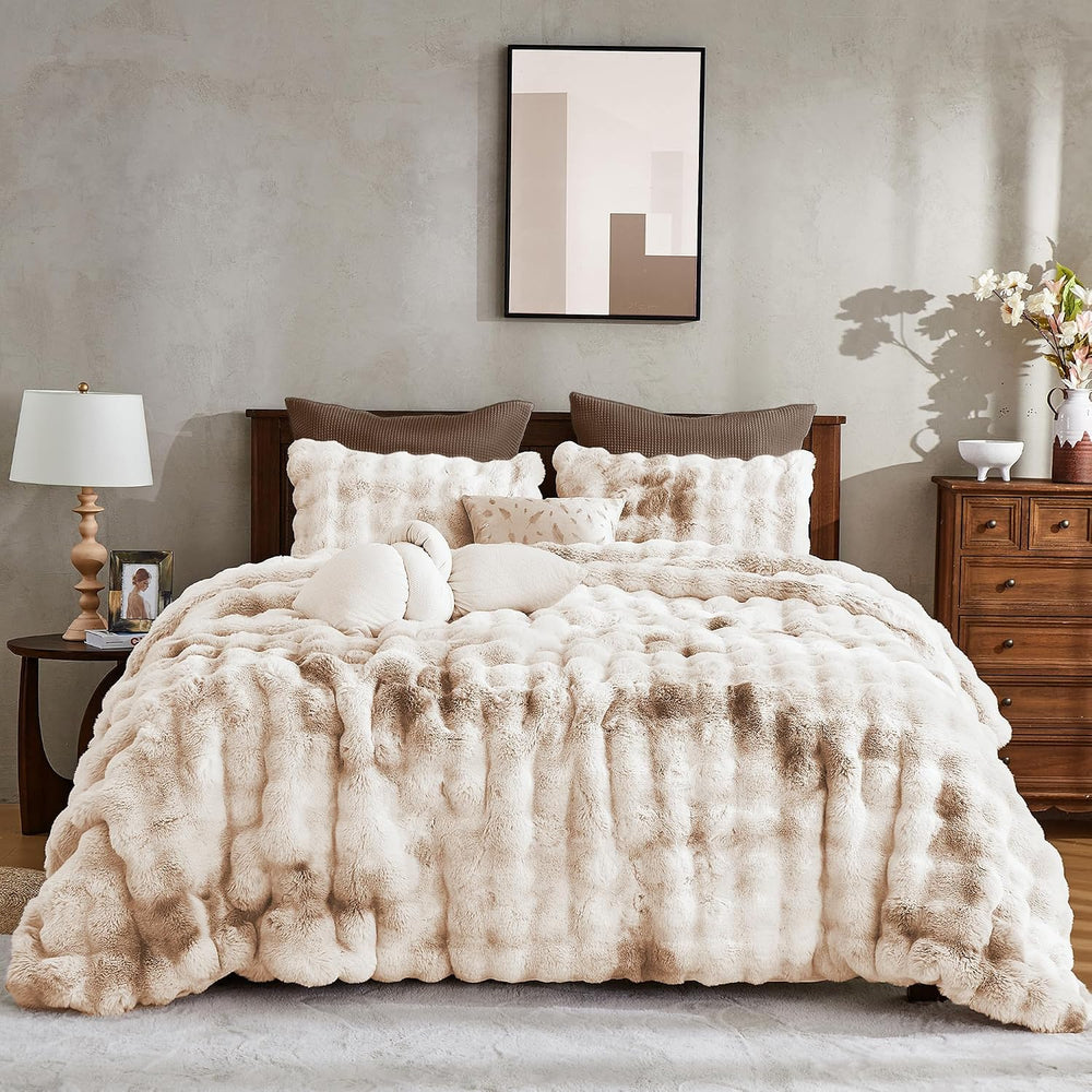 Wonderful - 3D Bubble Tie Dye Faux Rabbit Fur Comforter Set, Queen, Beige
