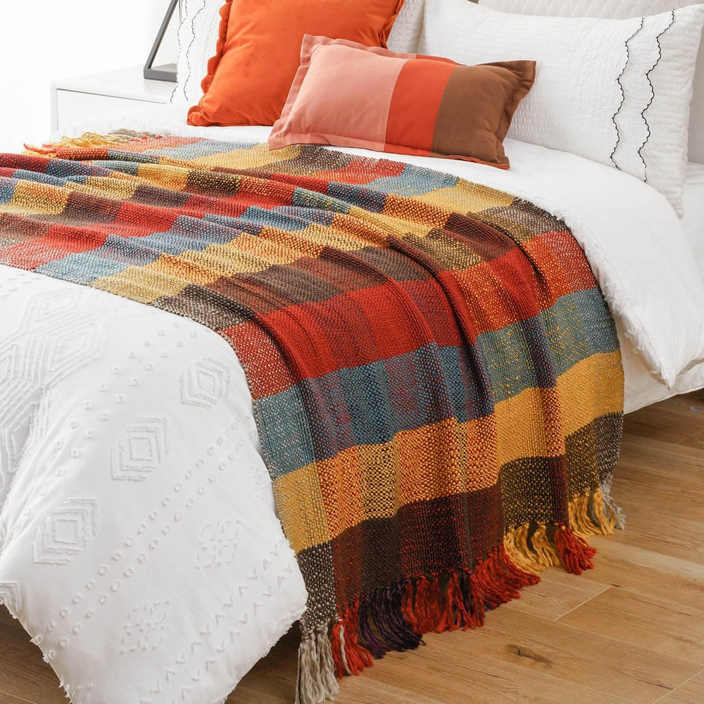 Fall Plaid Throw Blanket for Couch, Rustic Knit Throw Blanket 50"x60"