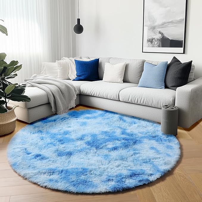ONASAR Round Rugs 6ft for Living Room Bedroom, Tie-Dye Blue Fluffy Circle Area - Image 6