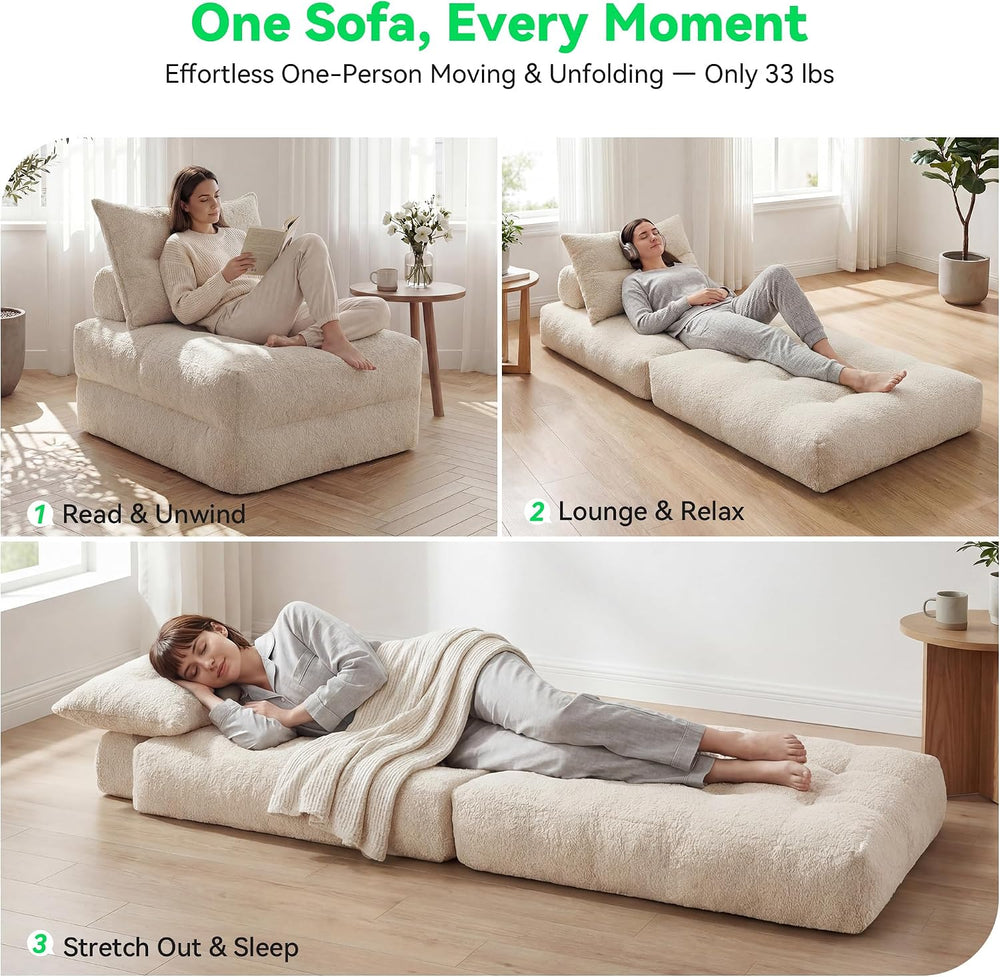 MONVANE 3-in-1 Folding Sofa Bed, Convertible Sleeper Chair Bed, Beige