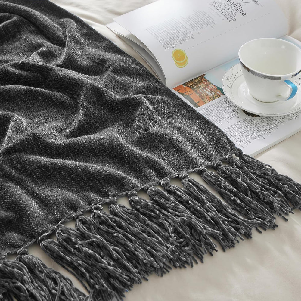 CozeCube Chenille Throw Blanket, Charcoal Grey Fringe Blanket, 50"X60"