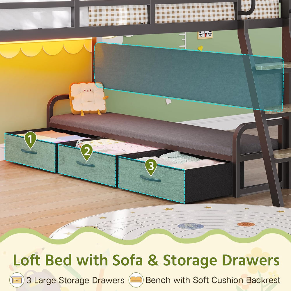 Low Loft Bed Full Size with Desk and 9 Storage Drawers, Oak Gray