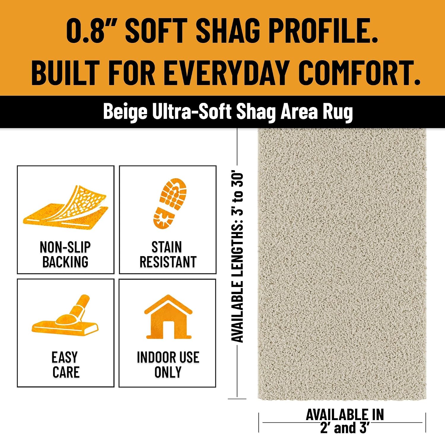 Ottomanson 2' x 6' Shaggy Runner Rug - Plush & Cozy Non-Slip Carpet for Bedroom, Living Room, Bathroom & Entryway - Durable & High-Traffic Friendly for Hallways & Dorms, Cream