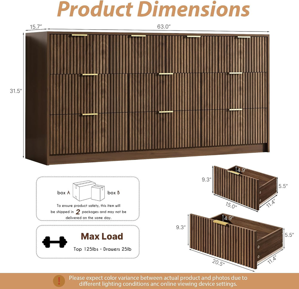 Walnut 3-Piece Bedroom Set, 10-Drawer Dresser & 2-Drawer Nightstands
