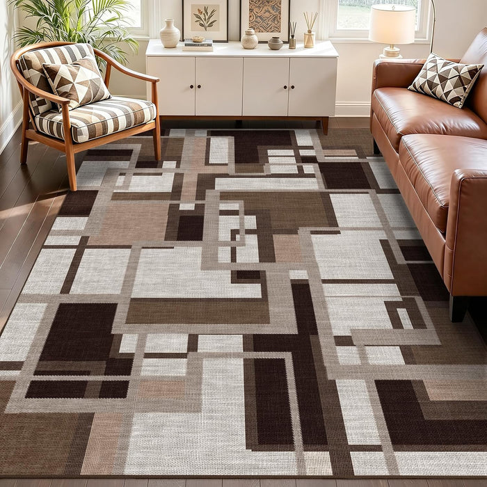 Modern Geometric Area Rug for Living Room, Coffee Brown Washable Rugs 5x7