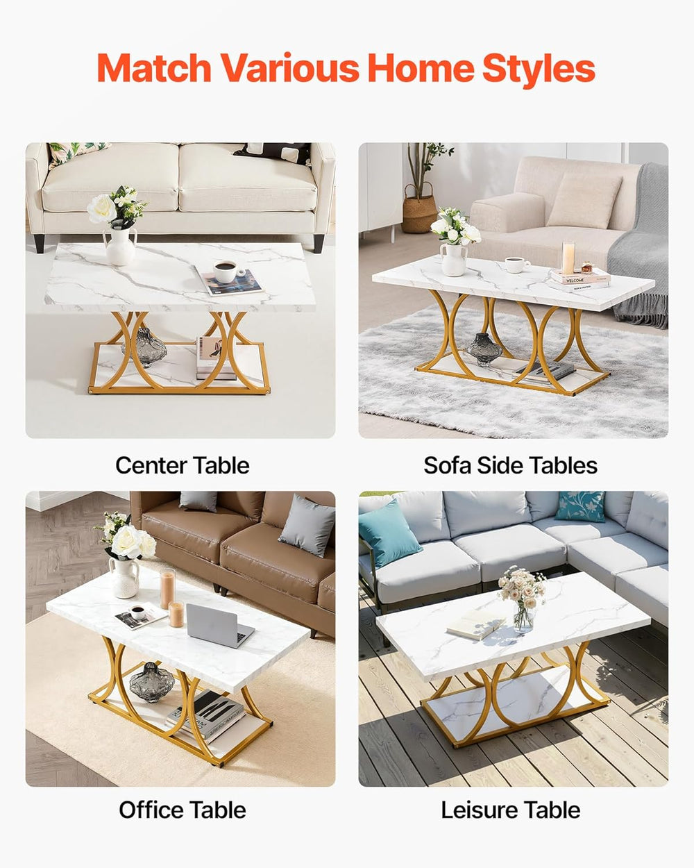 VEVOR Coffee Table, Modern Faux Marble Coffee Table, Large 2-Tier Rectangle C...