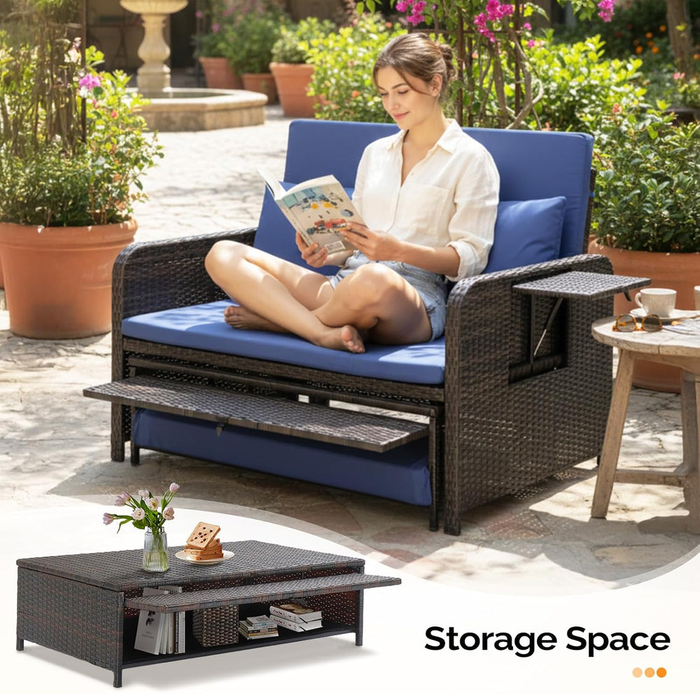 VINGLI Patio Daybed, Wicker Outdoor Daybed with Storage Ottoman & 5-Level...