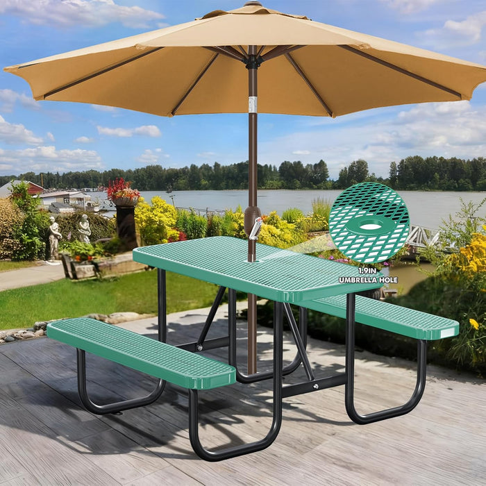 Heavy Duty Picnic Table with Umbrella Hole, Expanded Meta Outdoor Metal Patio Dining Table & Outdoor Bench Set, Steel Mesh Dining Furniture for Garden, Lawn, Patio (4FT Rectangular Table/ Green)