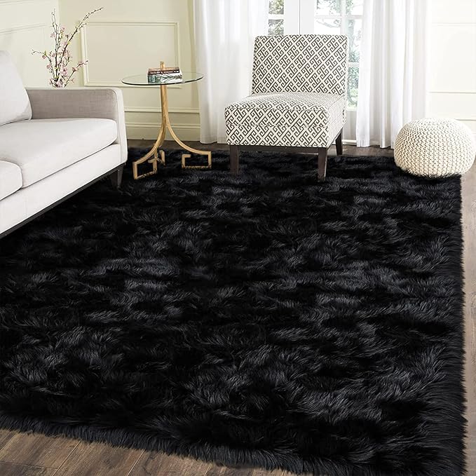 Latepis Black Rug for Living Room Faux Fur 5x6.7 Fluffy Rug Washable Sheepskin - Image 7