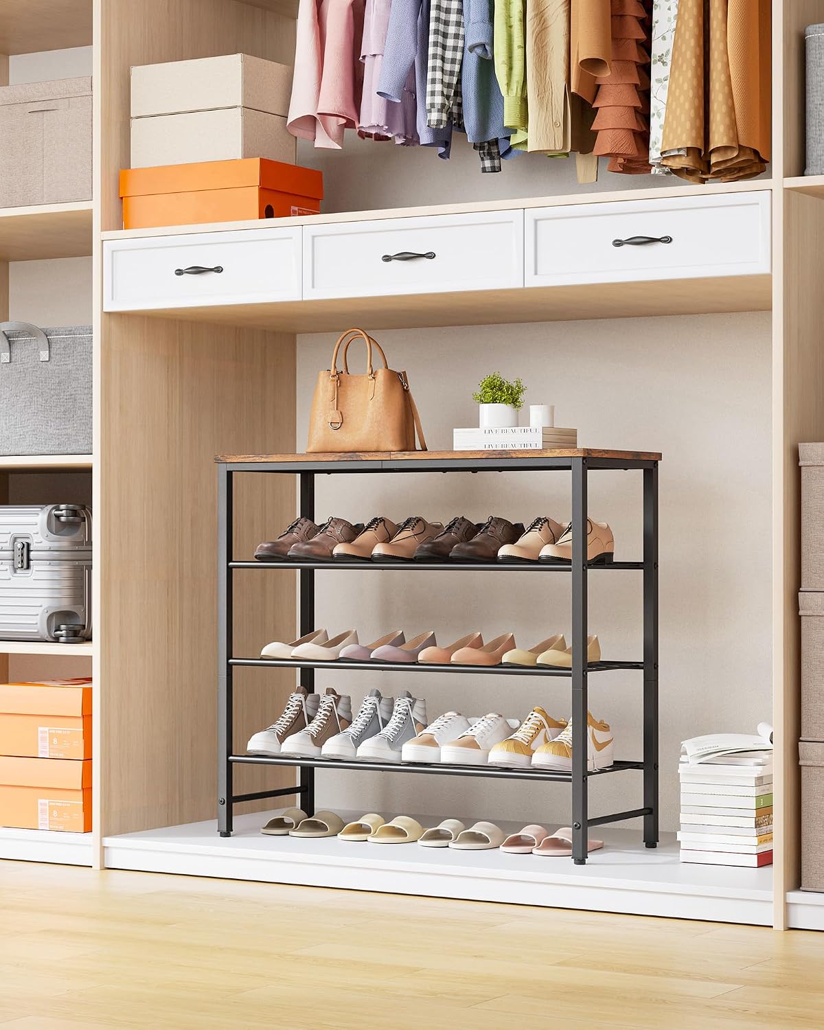 Kitsure Shoe Rack for Closet, Shoe Storage, 29.5" Wide - 4 Tier, Brown | Space-Saving Shoe Organizer with Leveling Feet, Sturdy & Rust-Proof Wooden Shoe Rack for Entryway, Bedroom, Living Room