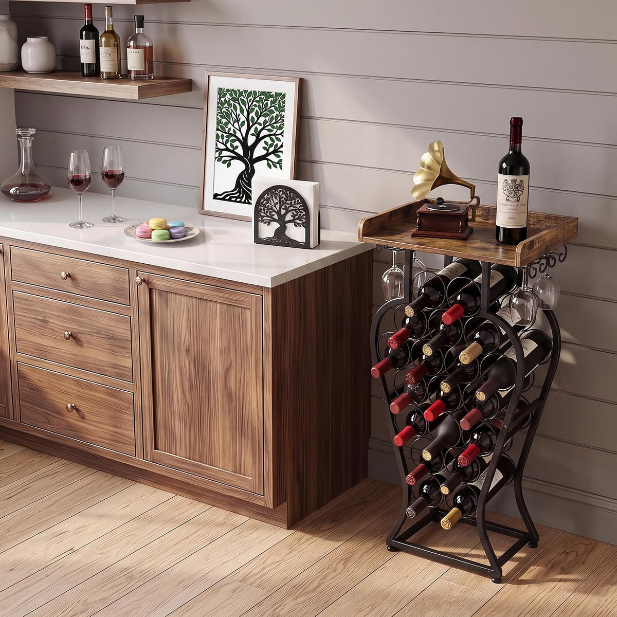 19 Bottles Freestanding Floor Wine Racks with Glass Holder | Wine Bottle Display Stand with Wood Tabletop, Elegant Decorations Wine Storage for Kitchen, Home Bar