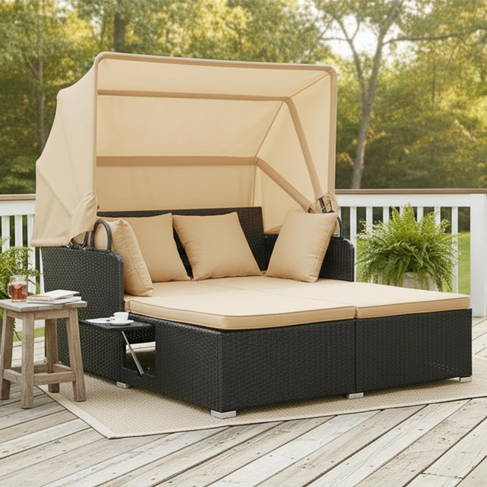 Tangkula Patio Rattan Daybed with Retractable Canopy, Outdoor Wicker Sunbed L...
