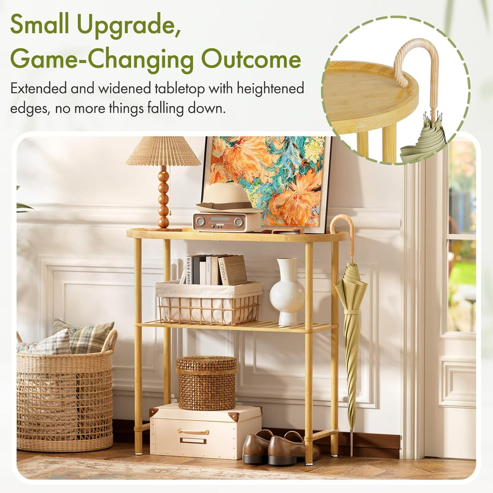 Small Entryway Table Bamboo 30.7", Narrow Hallway Table Oval Top 2-tier,...