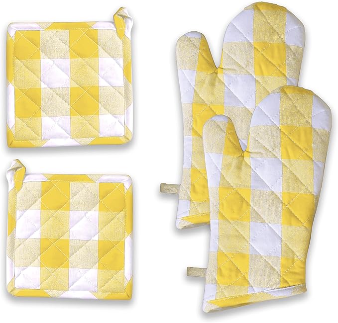 Buffalo Plaid Check Oven Mitts and Pot Holders Set, 100% Cotton, Heat Resistant by SoftopiaCotton