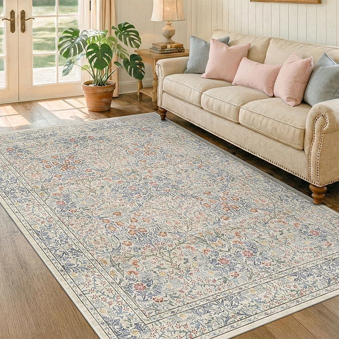Beige Blue Living Room Rug 5x7, Cottage Area Rug - Image 6