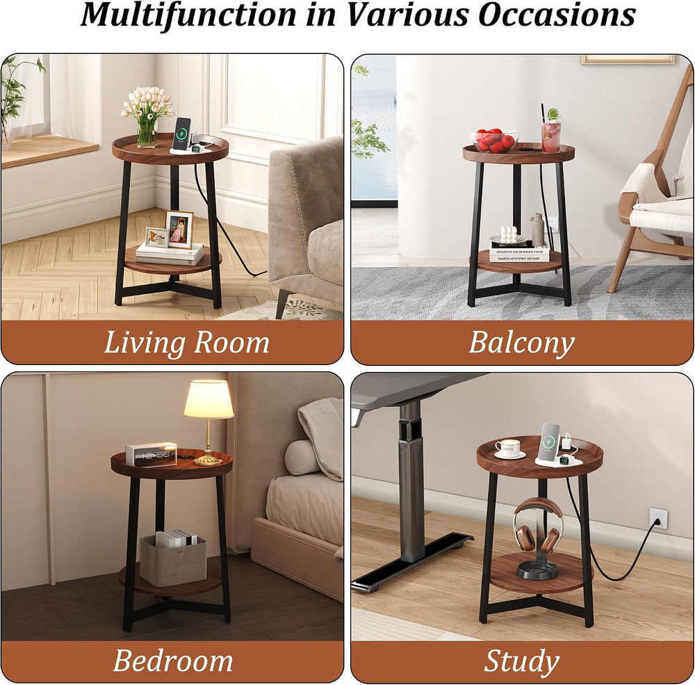 Round Industrial Side Table with Charging Station,2-Tier Round End Table with...