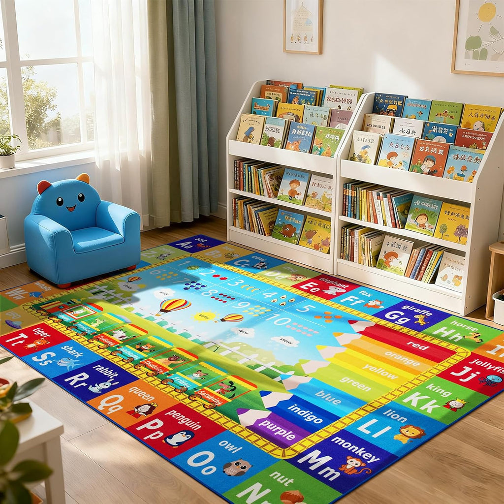 5x7 Kids Rug for Playroom Classroom Bedroom,ABC Rugs | Educational Rug for Learning Alphabet,Numbers,Colors,Season and Animal Words,Non Slip Washable Play Mat for Toddler Decor