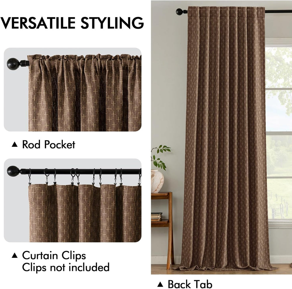 MIULEE Patterned Farmhouse Linen Curtains, Back Tab, 52Wx84L, Dark Coffee