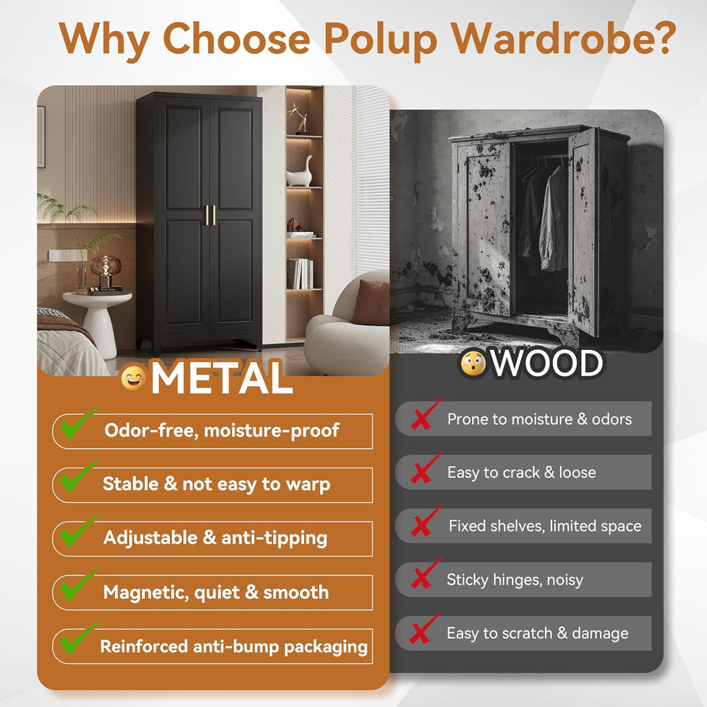 Polup 71" Metal Armoire Wardrobe Closet with Doors and Adjustable Shelves