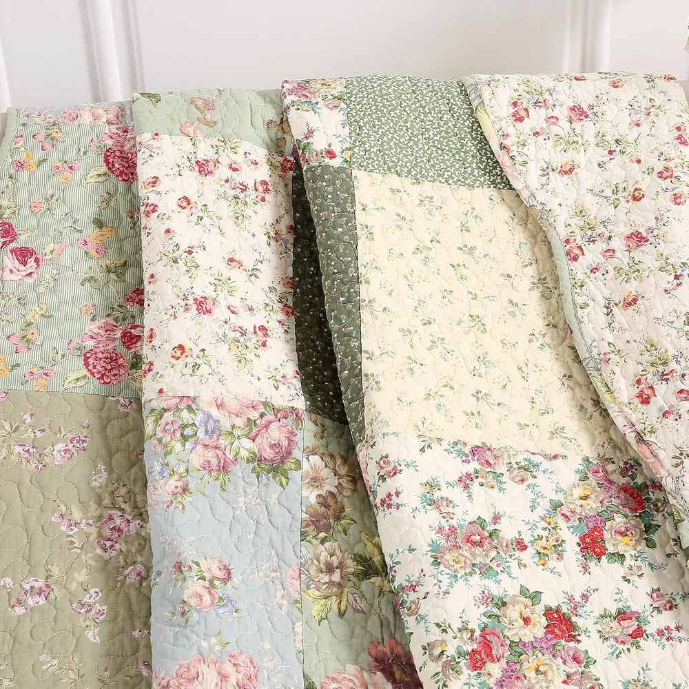 vctops 100% Cotton Quilted Throw Blanket 50x60 Inch Floral Patchwork Reversib...