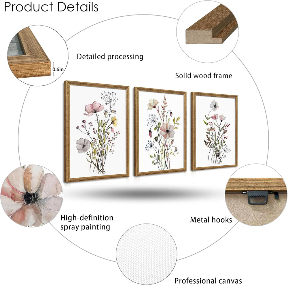 WRFON Framed Botanical Canvas Wall Art Set of 3, Watercolor Floral Prints, Fr...