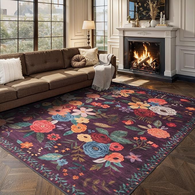 Area Rugs 10x14 Living Room, Non Slip Machine Washable Floral Rugs, Low Pile - Image 6