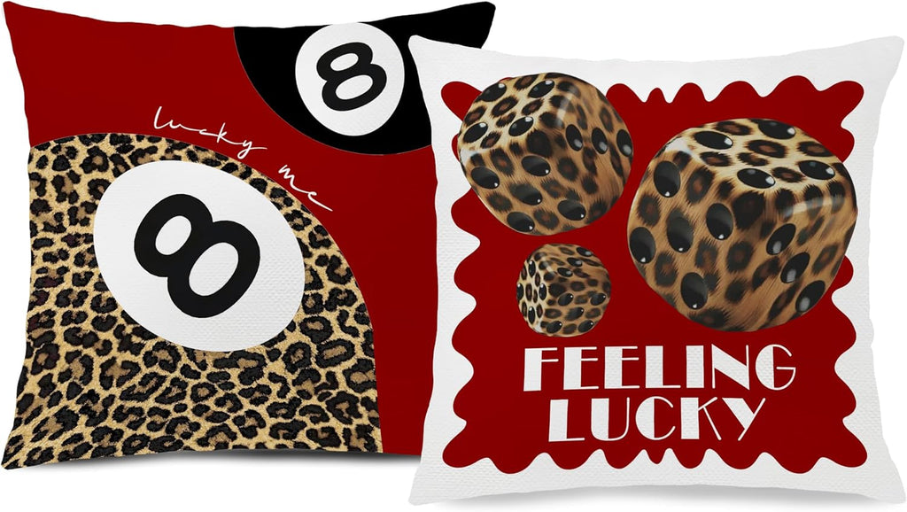 Trendy Leopard Pillow Covers 18x18, Cheetah Leopard Print Room Decor, Red Preppy Cheetah Print Dice Lucky 8 Ball Decorative Throw Pillow Covers for Girls Bedroom Dorm Apartment, Set of 2