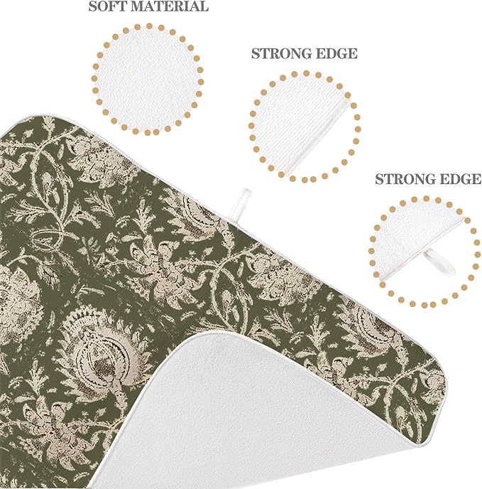 Green Dish Drying Mat 18 x 24 Inch Vintage Olive Green Floral Drying Mat - Image 7