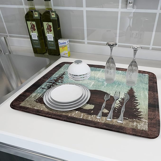 Giwawa Retro Brown Bear Forest Cabin Dish Drying Mat Countertop 18x24 Fall Blue - Image 6