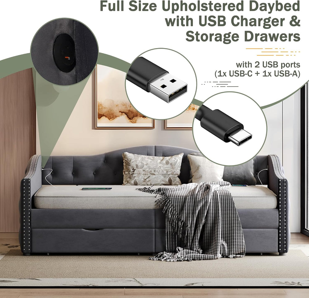 Full Size Daybed with Storage Drawers, Upholstered Daybed