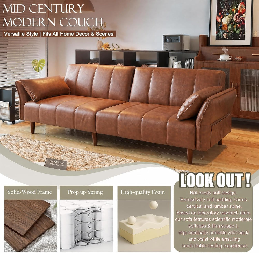 77" Faux Leather Couch, Leather Loveseat Futon Sofa Bed, Brown