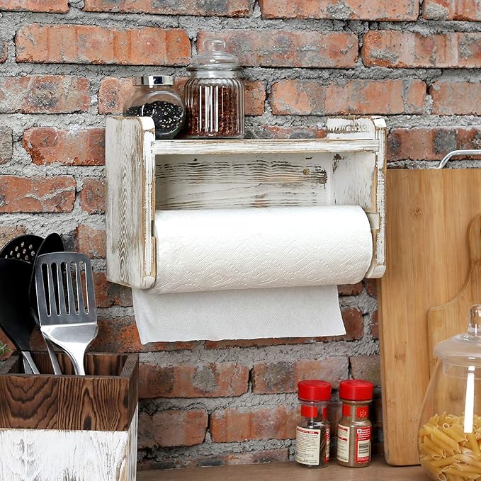 MyGift Farmhouse Paper Towel Holder, Shabby Whitewashed Wood Farmhouse Wall - Image 3