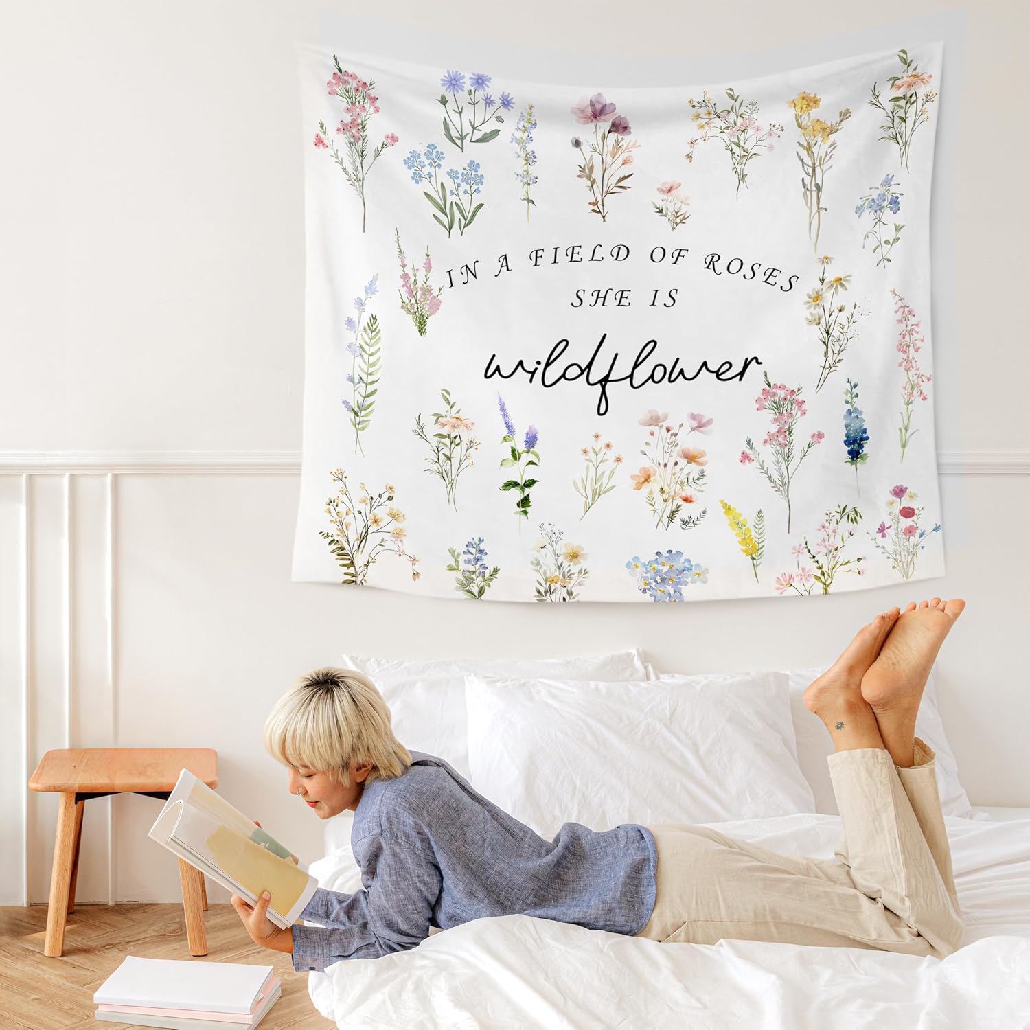 WARDOS Boho Floral Tapestry, in a Field of Roses She Is a Wildflower Tapestry Wall Hanging, Boho Wildflower Wall Blanket Decor for Baby Girls Room Toddler Nursery Bedroom, 50x60 Inch